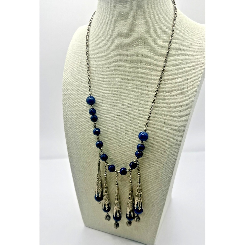 Vintage Israeli Silver Filigree Bib Necklace Blue Ceramic Beads Boho Festival